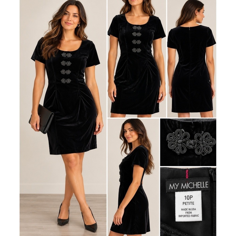 Vintage My Michelle Black Velvet Frog Closure Sheath Dress 10P Petite 7893-7085